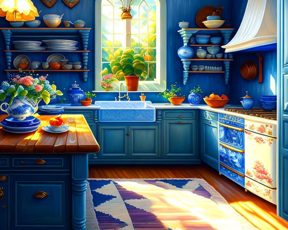 Bright Cozy Kitchen with Blue Cabinets and Wooden Countertops