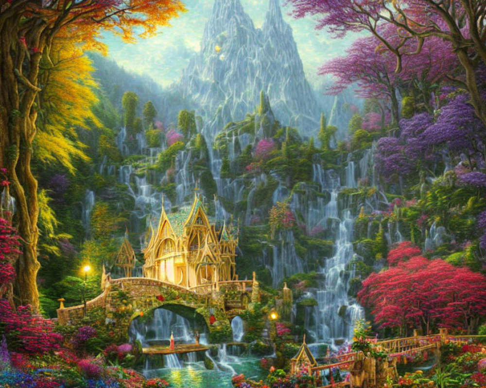 Majestic waterfall, bridge, castle in vibrant fantasy landscape