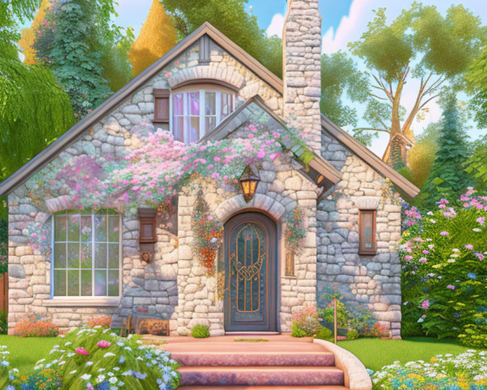 Stone cottage with flowering vines, wooden door, and lush greenery