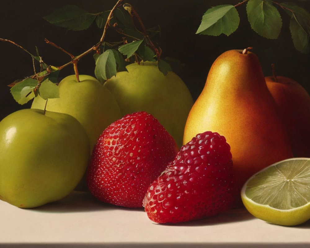 Ripe fruits still life painting with green apples, pear, strawberries, and lime on plain surface