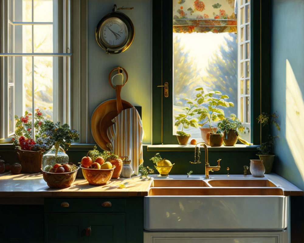 Cozy kitchen interior with green cabinets, wooden countertop, fresh fruits, potted plants, and