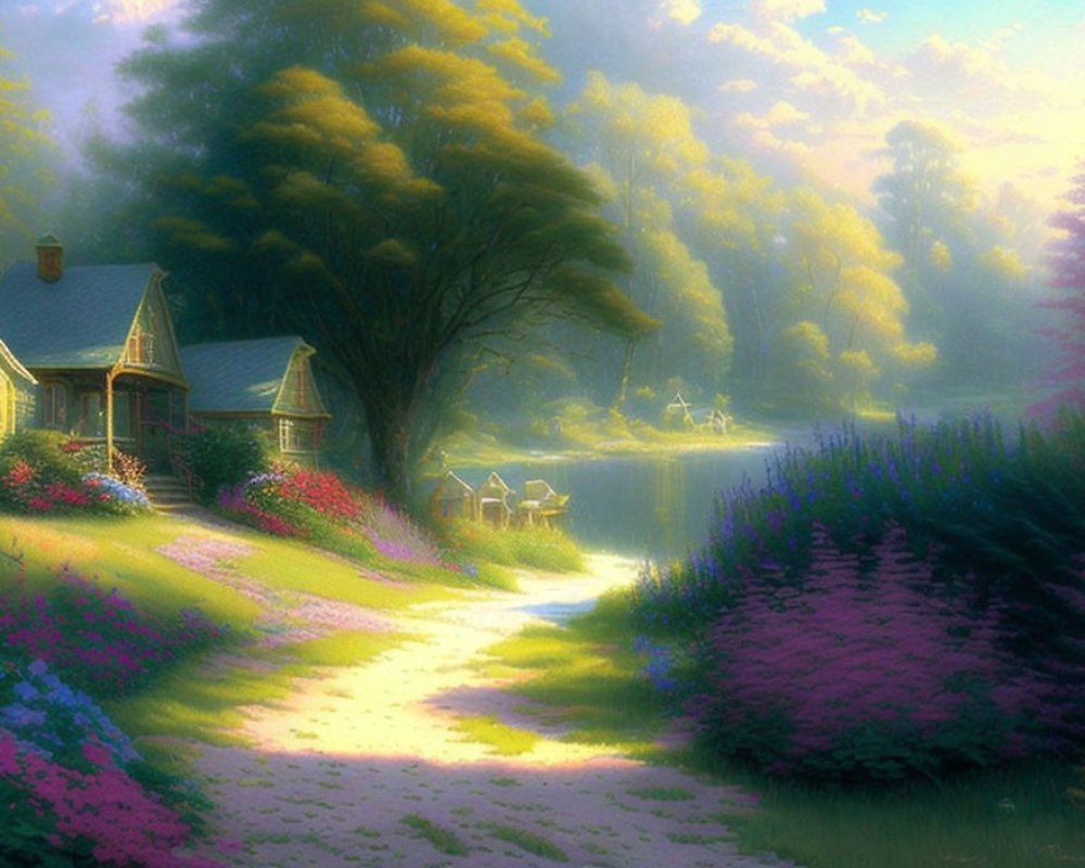 Tranquil lakeside cottage with trees, sunlight, and flowers.