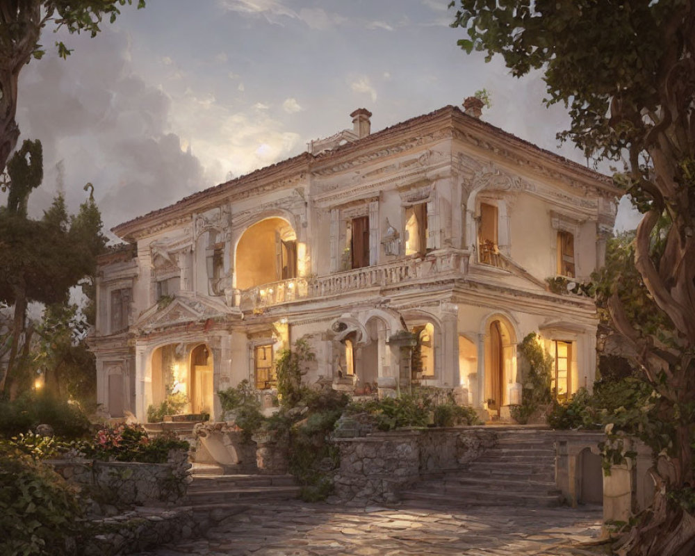 Majestic mansion in enchanting garden at dusk