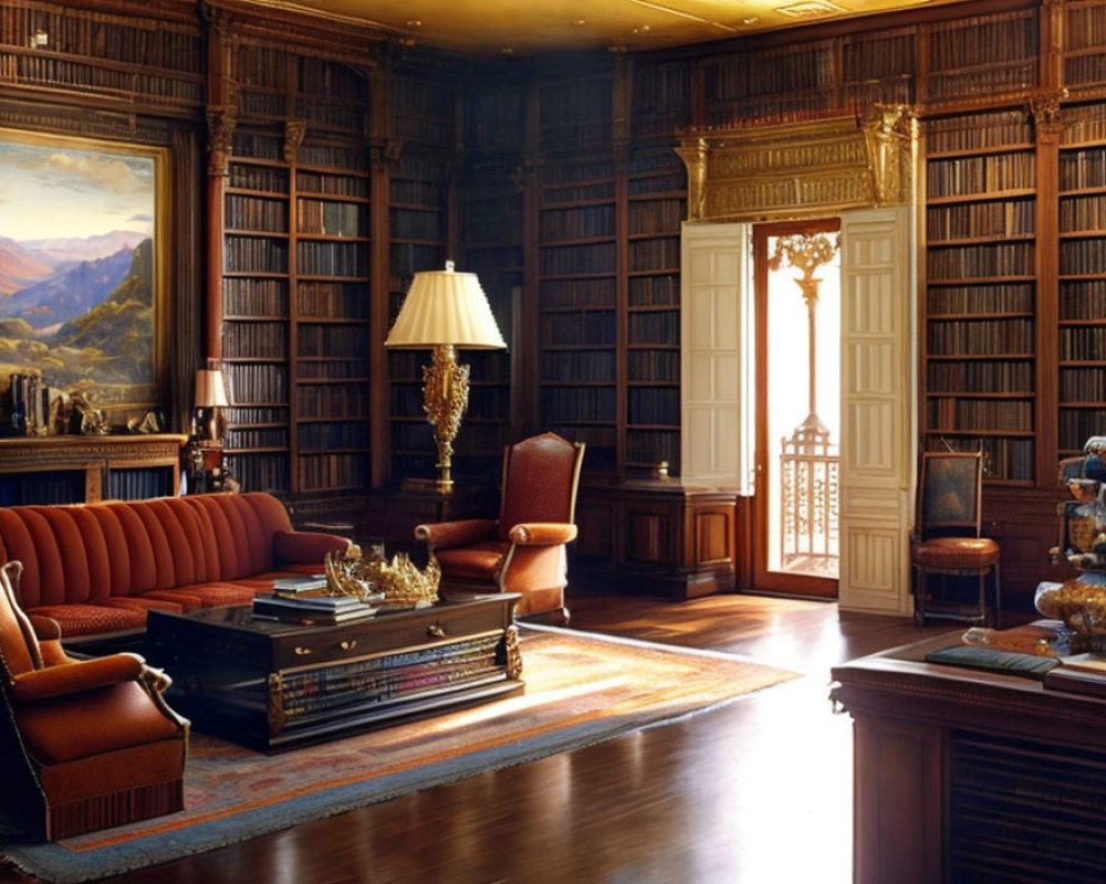 Elegant home library with wood paneling, leather furniture, and ornate decor