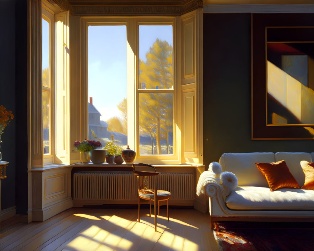 Cozy sunlit room with autumn view, comfy couch, art, and wooden floors