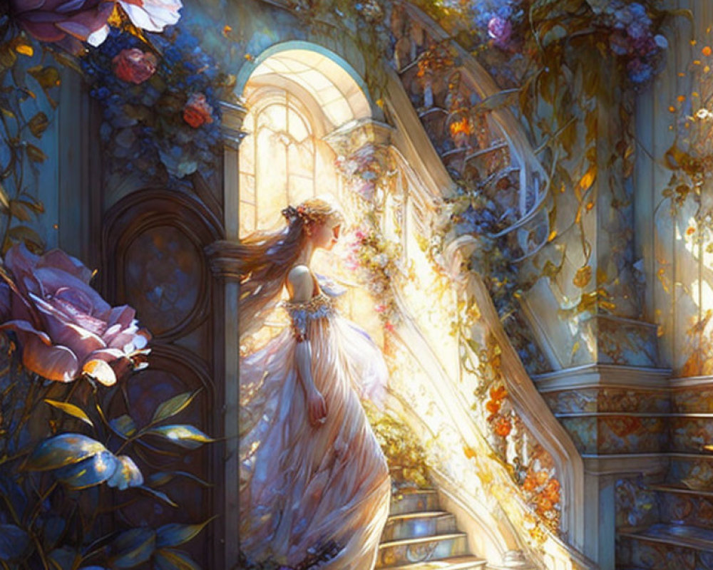 Woman in elegant gown on grand, flower-filled staircase