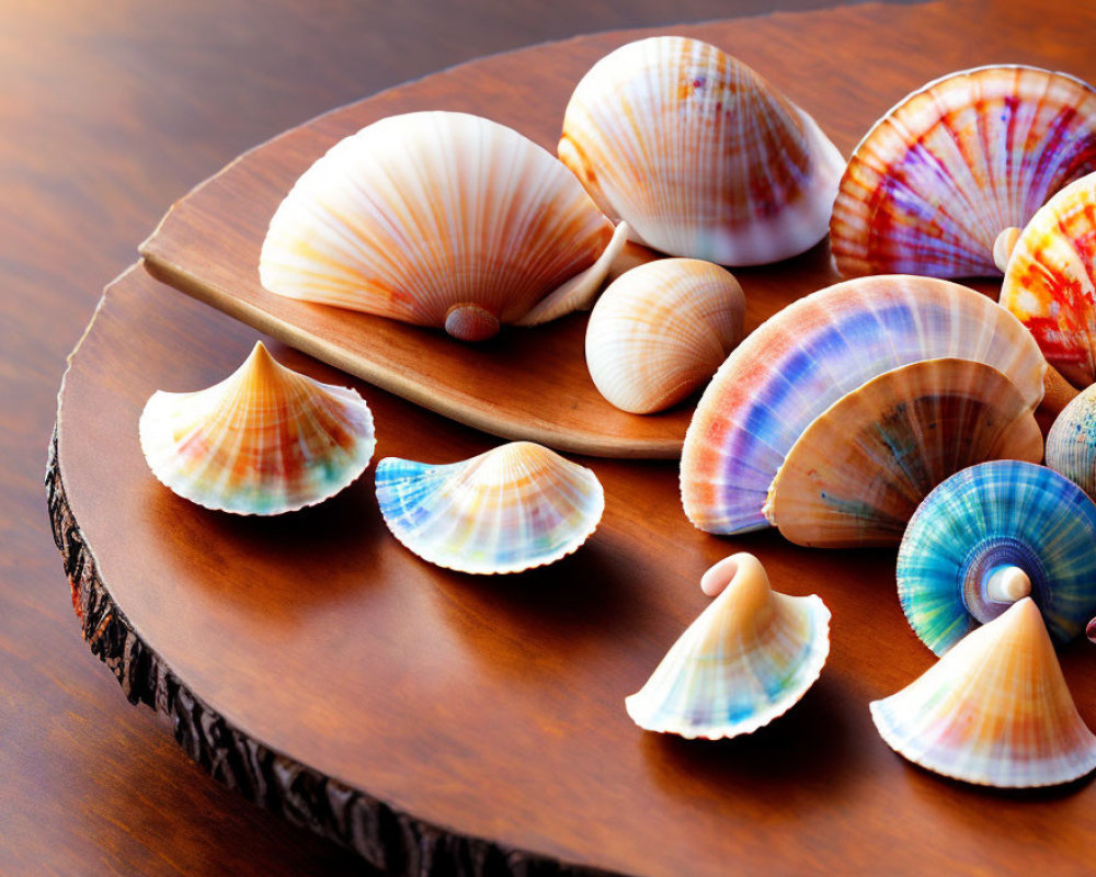 Colorful Seashells on Wooden Surface in Well-Lit Setting