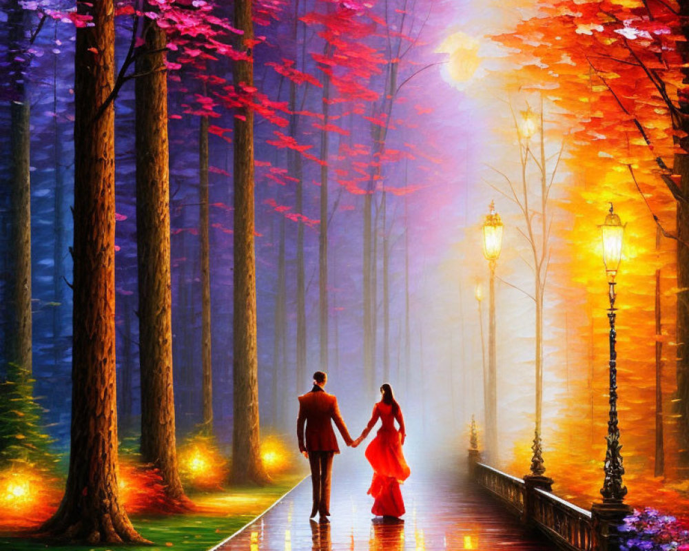 Couple walking hand in hand along vibrant forest path with glowing streetlamps.