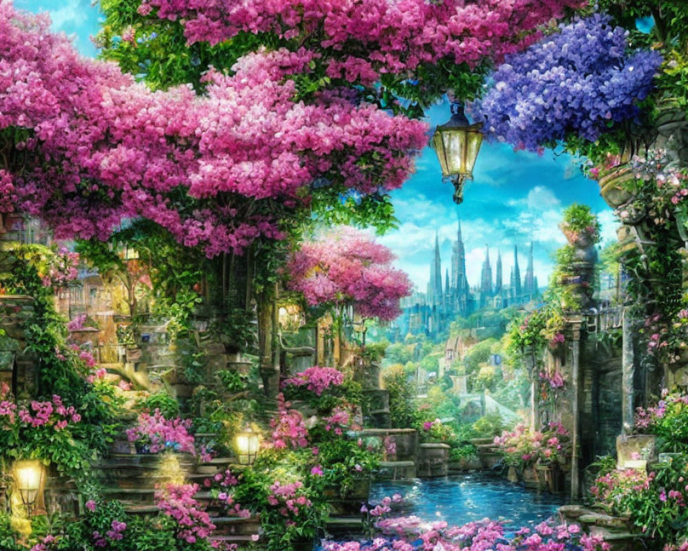Colorful Fantasy Garden with Flowers, Bridges, Lantern, and Castle