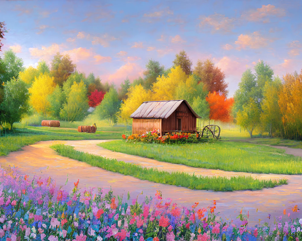 Tranquil countryside painting with wooden shack, colorful trees, and wildflowers