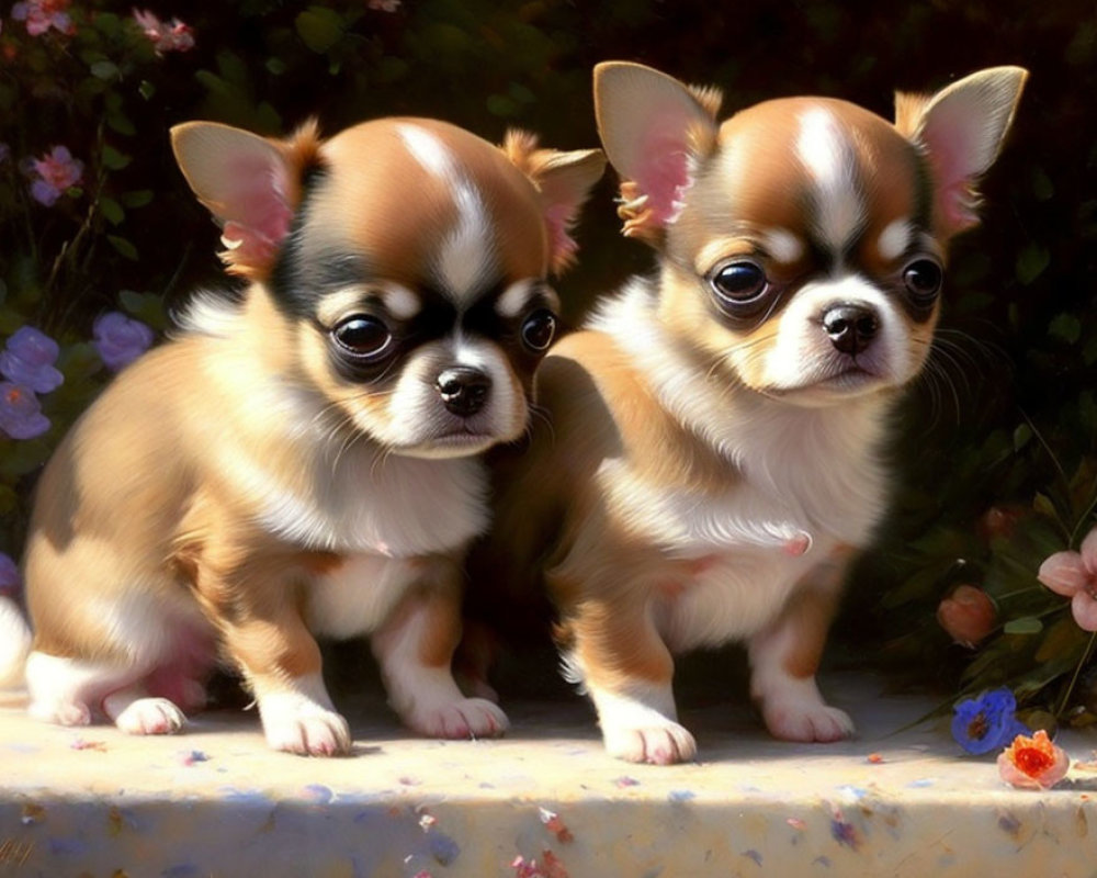 Chihuahua Puppies with Glossy Coats and Large Eyes Among Flowers
