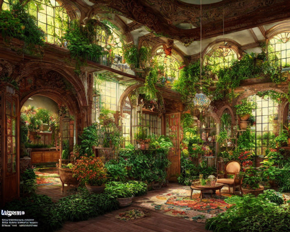 Luxurious greenhouse with green plants, hanging baskets, flowers, wooden architecture, vintage furnishings, warm lighting