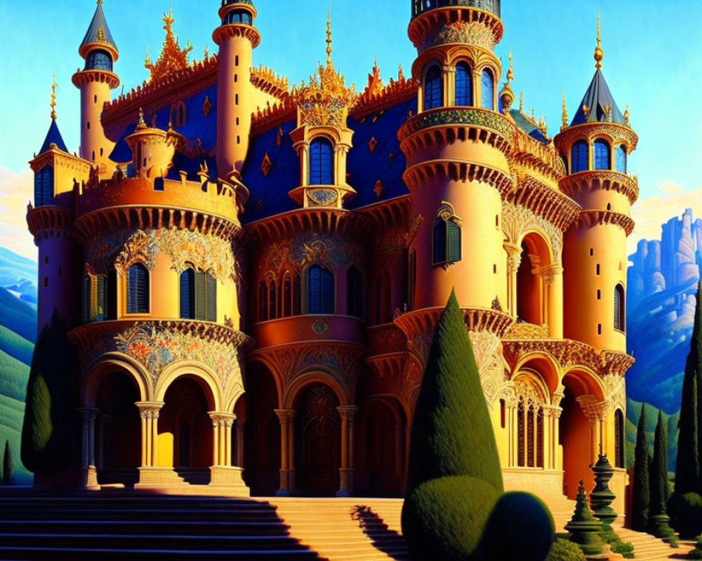 Fantastical castle with golden spires and lush hill backdrop