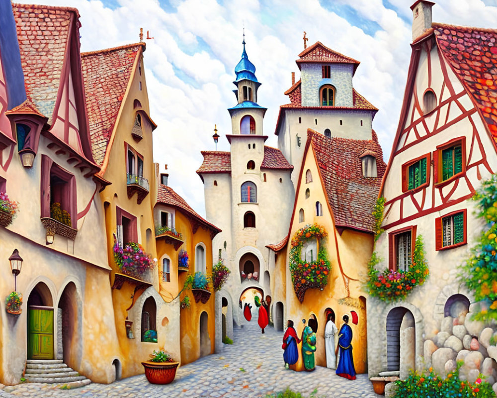 Vibrant painting of medieval village street scene