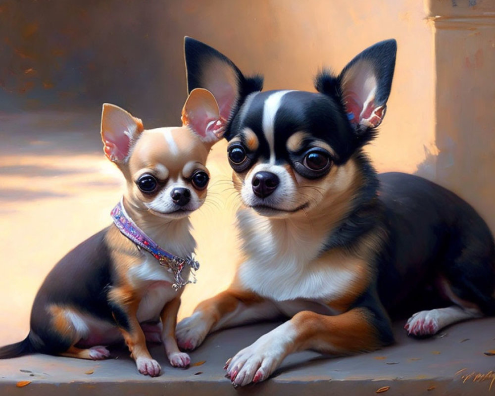 Two Chihuahua Dogs Sitting Together: One Small with Light Brown and White Coat, One Larger