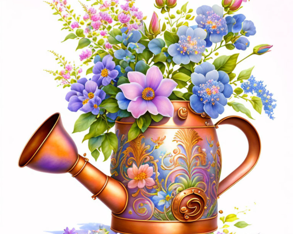Vintage Brass Watering Can with Blue and Pink Flowers on White Background
