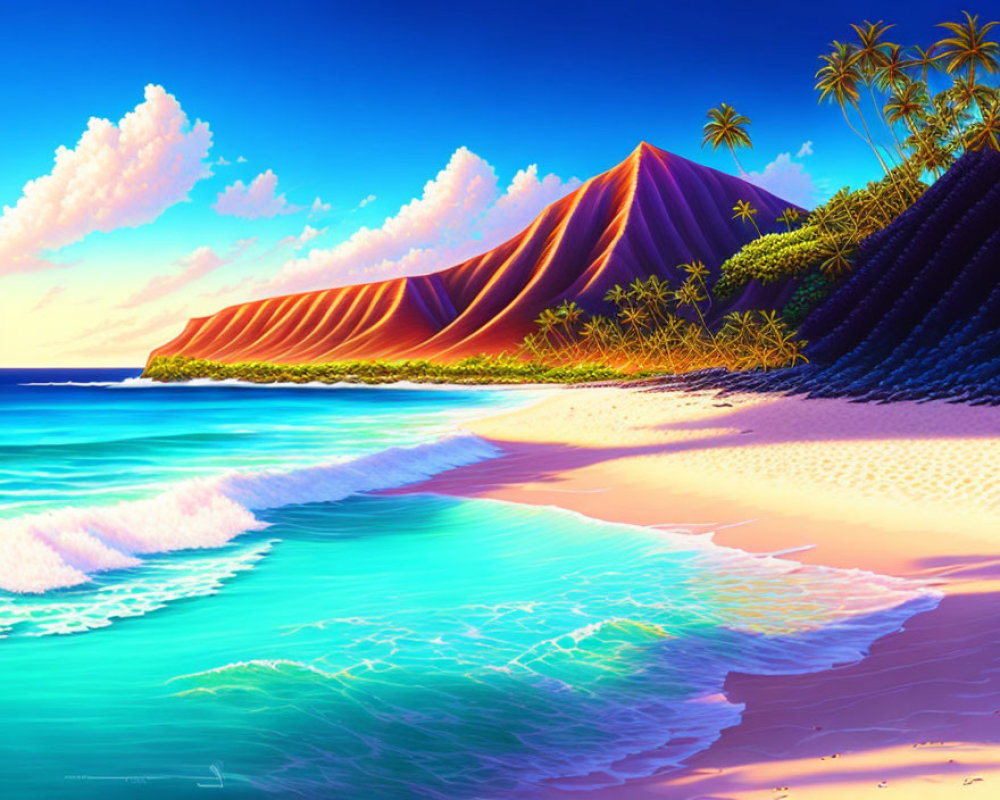 Colorful Beach Scene with Turquoise Waters, Pink and Blue Sky, Multicolored Mountains, Palm