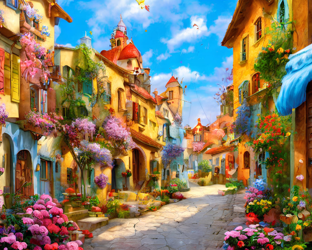 Colorful Flower-Adorned Houses on Cobblestone Street with Waterfall