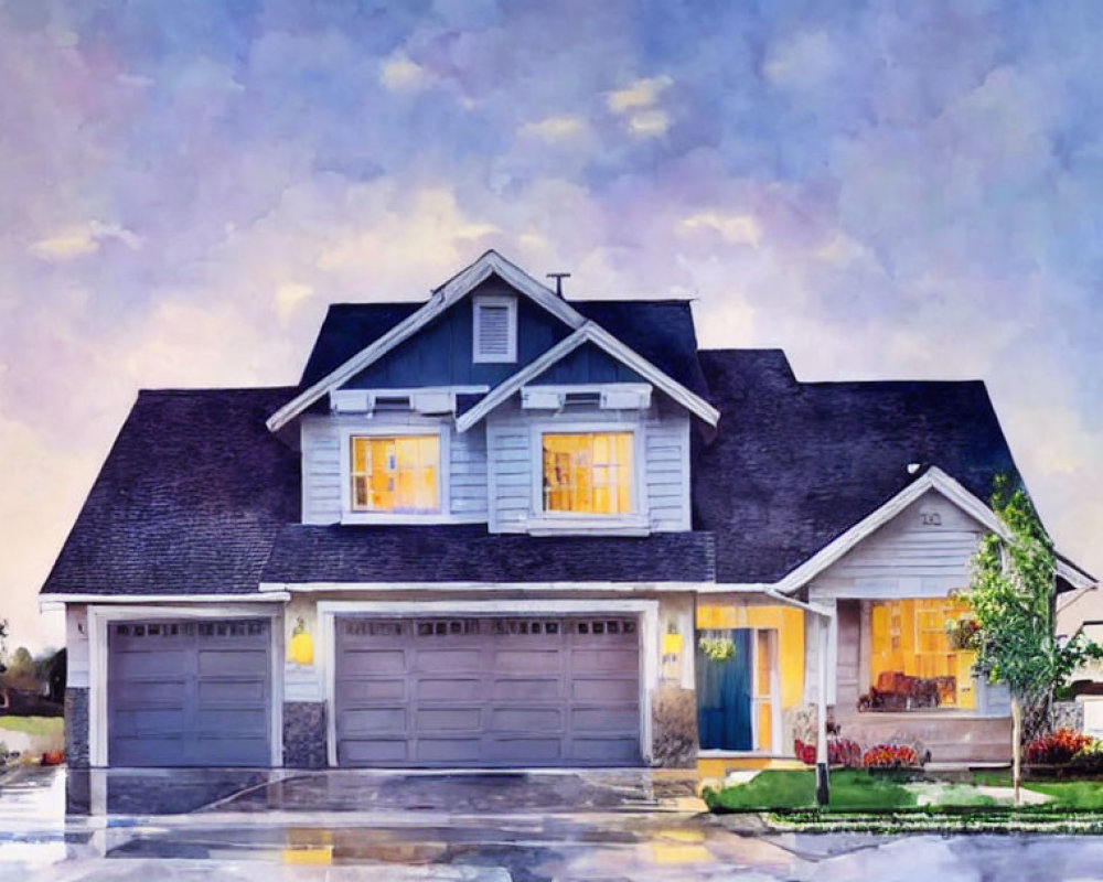 Suburban Two-Story House Watercolor Painting at Dusk