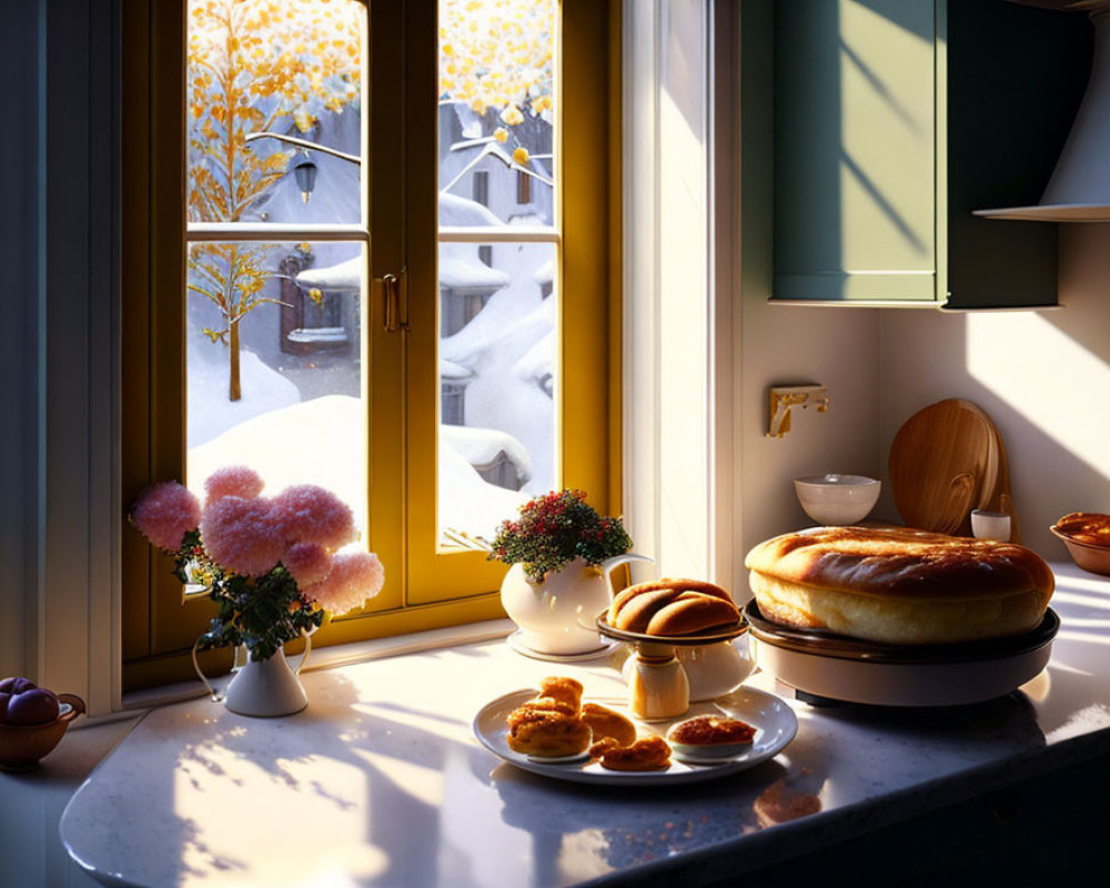 Warm Sunlit Kitchen with Bread, Pastries, and Flowers on Window Sill