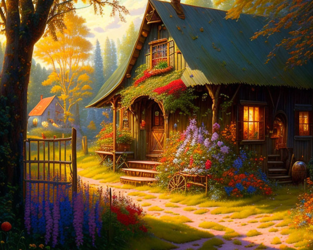 Rustic cottage with lush garden and blooming flowers in golden sunlight