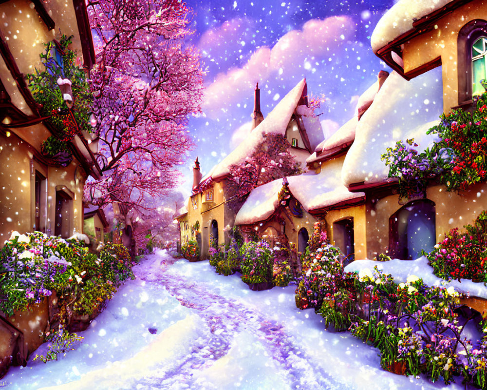 Snow-covered village street with pink blossoms and falling snowflakes at twilight