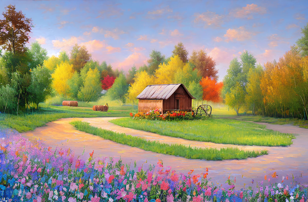 Tranquil countryside painting with wooden shack, colorful trees, and wildflowers