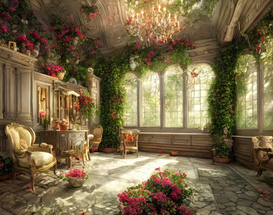 Sunlit room with blooming vines, antique furniture, and crystal chandelier