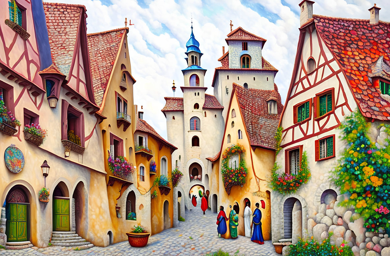 Vibrant painting of medieval village street scene