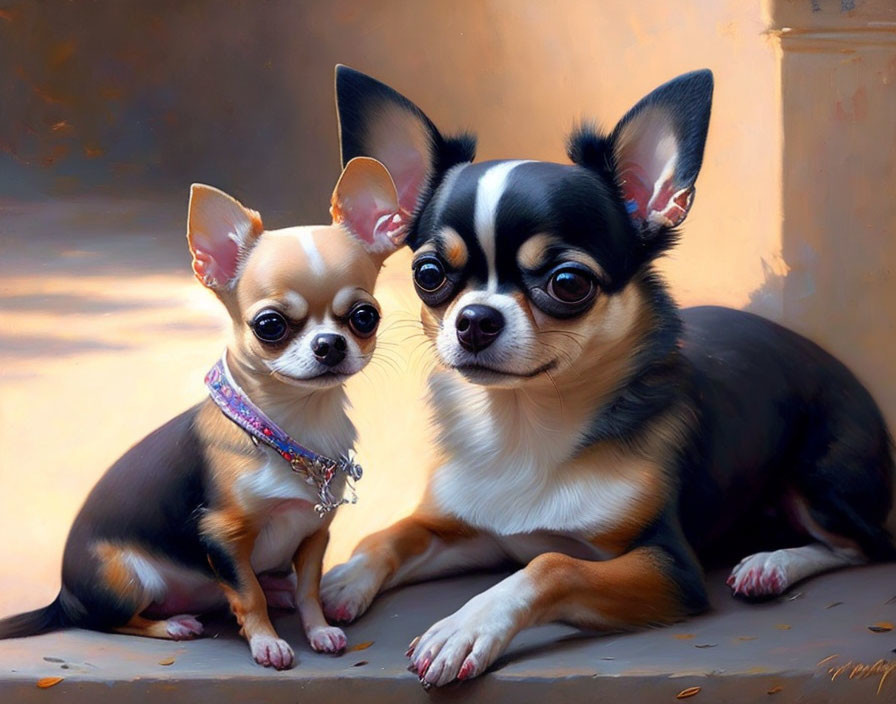 Two Chihuahua Dogs Sitting Together: One Small with Light Brown and White Coat, One Larger