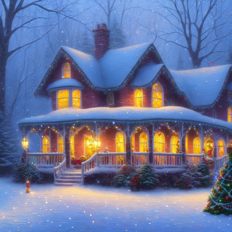 Festive Christmas house in snowy setting