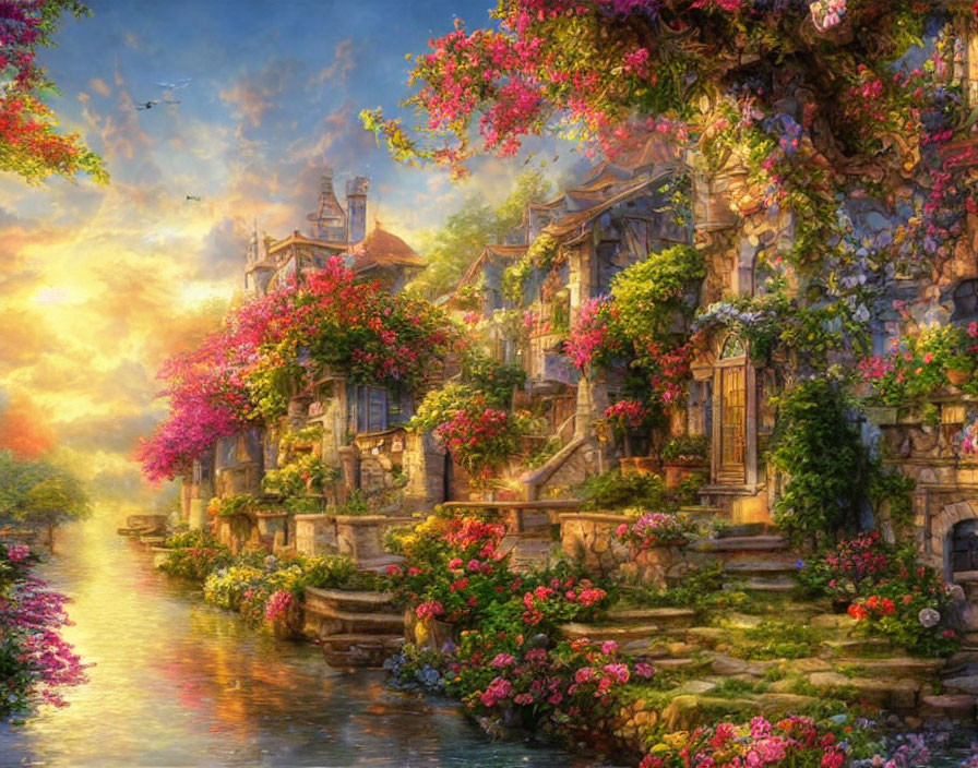 Tranquil riverside landscape with blooming flowers and stone houses