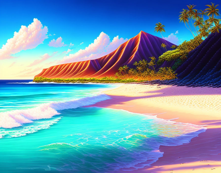 Colorful Beach Scene with Turquoise Waters, Pink and Blue Sky, Multicolored Mountains, Palm