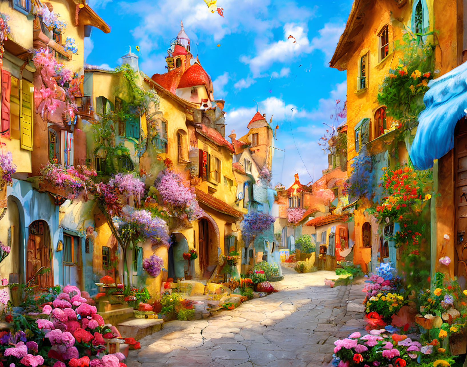 Colorful Flower-Adorned Houses on Cobblestone Street with Waterfall
