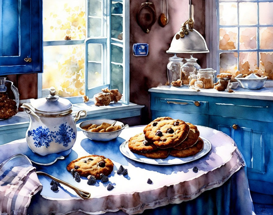 Watercolor painting of cozy kitchen with cookies, teapot, cups, and berries on blue table.