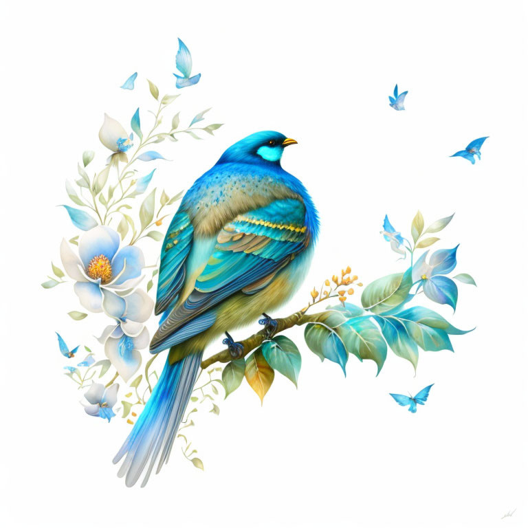 Colorful Blue Bird Illustration with Flowers and Butterflies