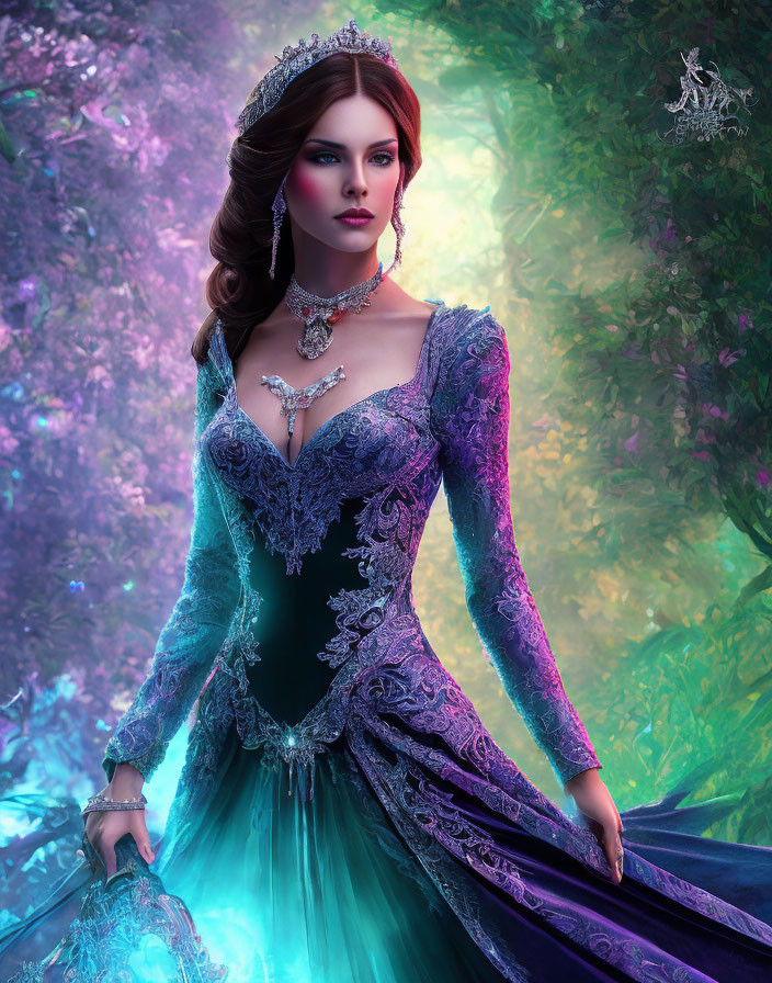 Detailed digital illustration: Woman in teal and purple gown with tiara, jewelry, in mystical forest.