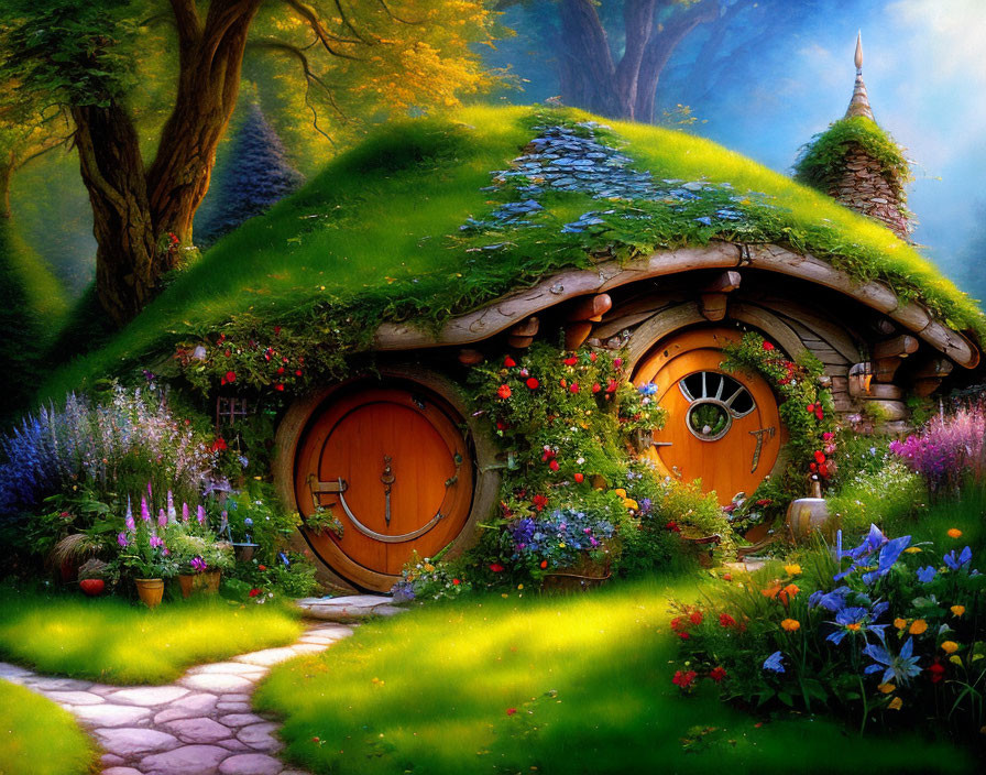 Enchanted forest cottage with lush green roof and vibrant flowers