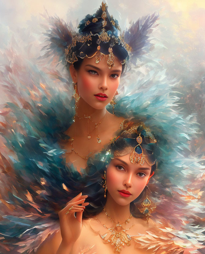 Two women in ornate headpieces and feathered attire against soft background.