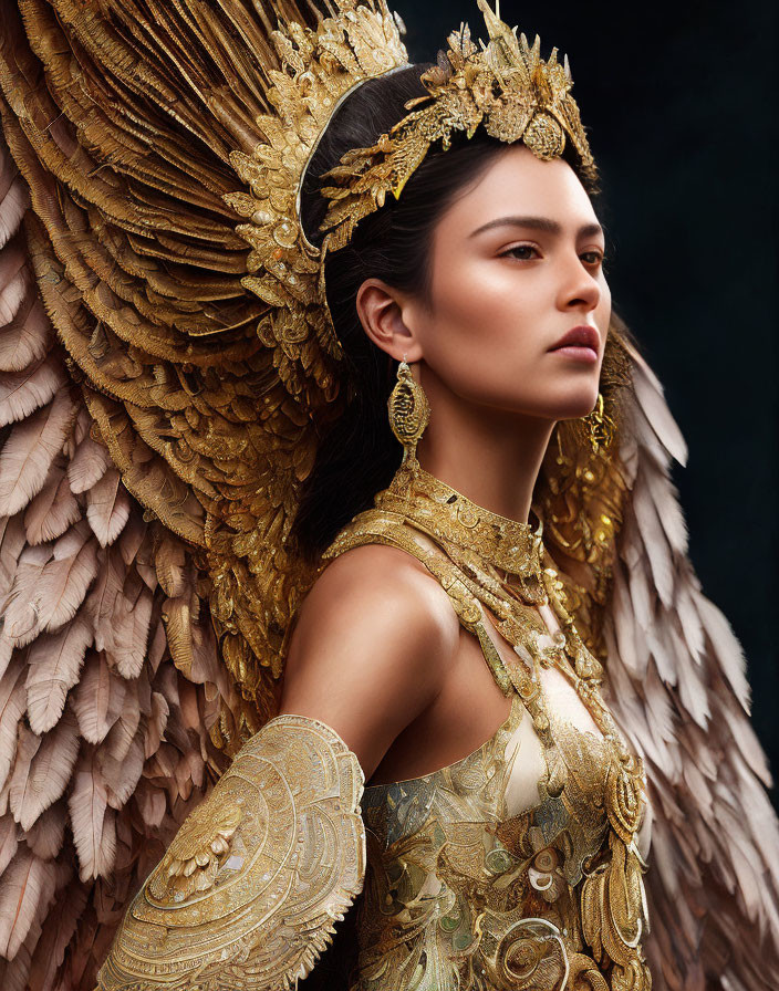 Regal woman with golden headdress and feathered wings