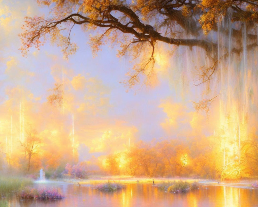 Tranquil lake at dawn or dusk with weeping willow and misty landscape