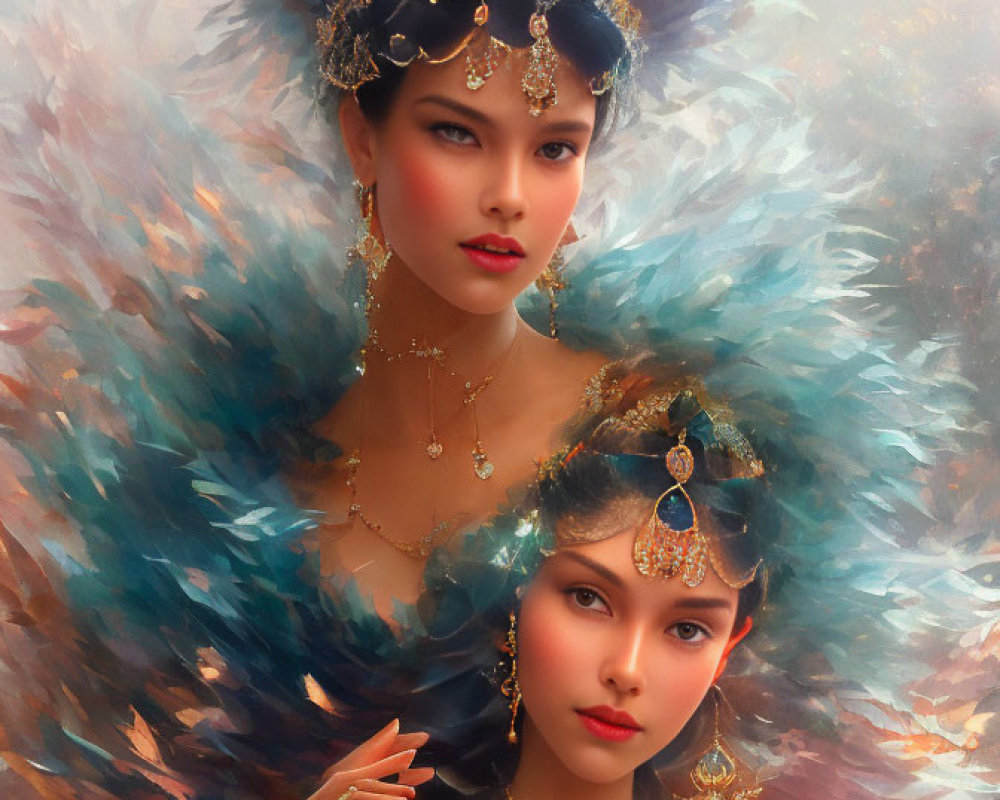 Two women in ornate headpieces and feathered attire against soft background.