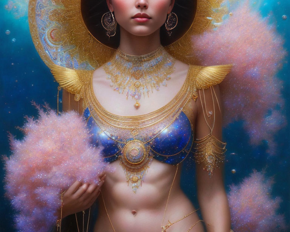 Portrait of Woman with Elaborate Gold and Cosmic Jewelry