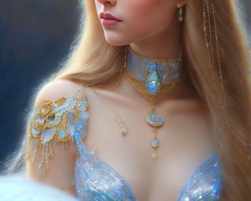 Blonde woman in gold headpiece and blue dress