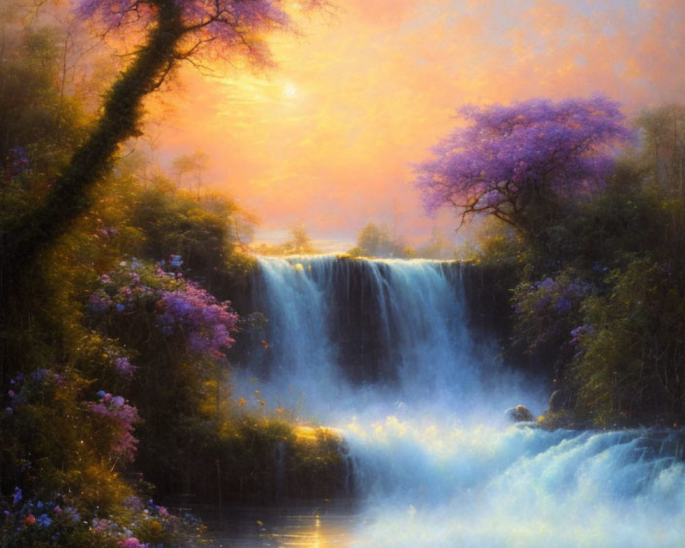 Tranquil landscape with cascading waterfall and blooming flowers
