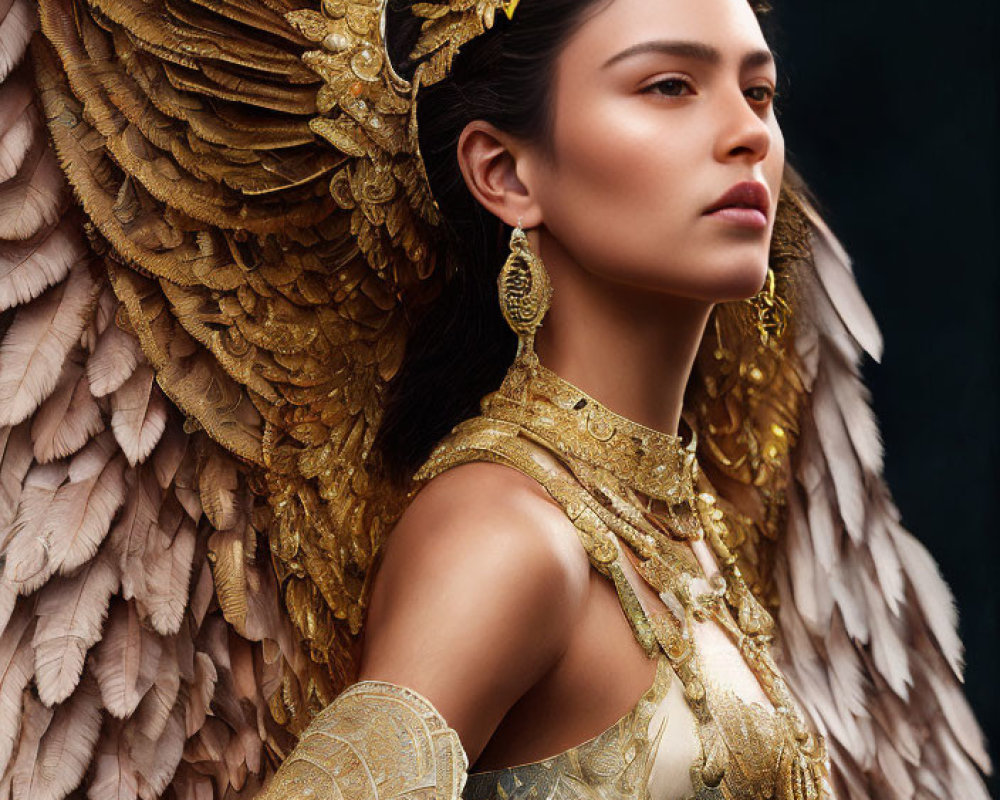 Regal woman with golden headdress and feathered wings