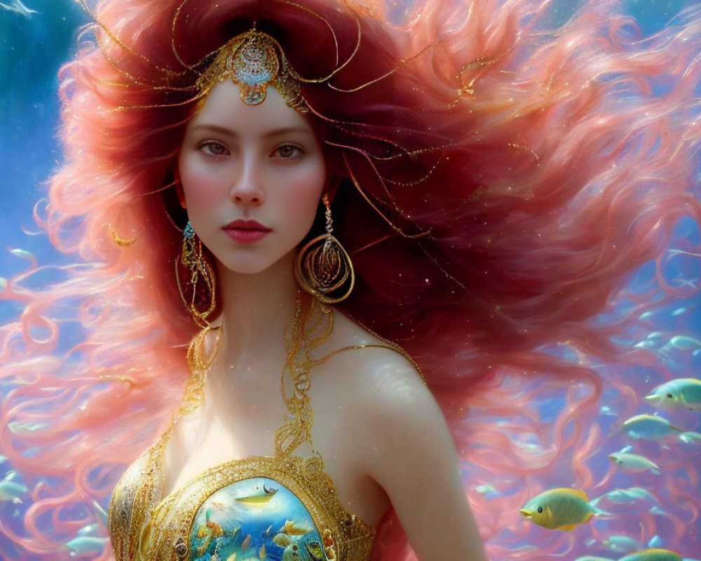 Digital artwork: Woman with red hair, gold jewelry, diadem, fish in underwater scene