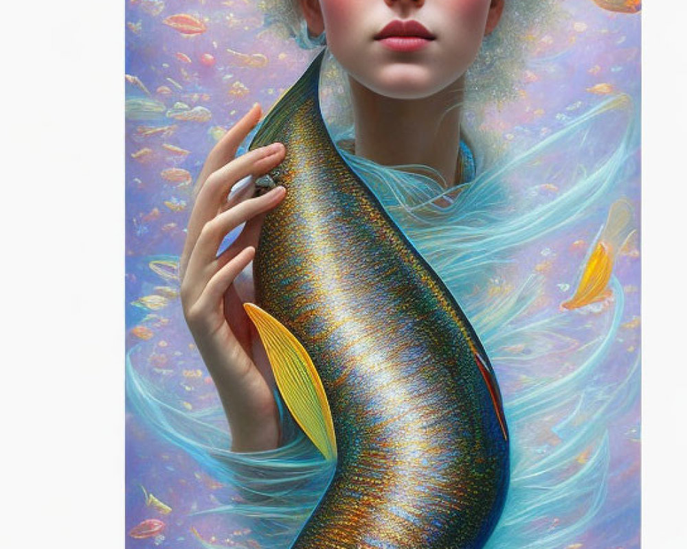 Surreal portrait of woman with fish body, surrounded by smaller fish on soft blue backdrop
