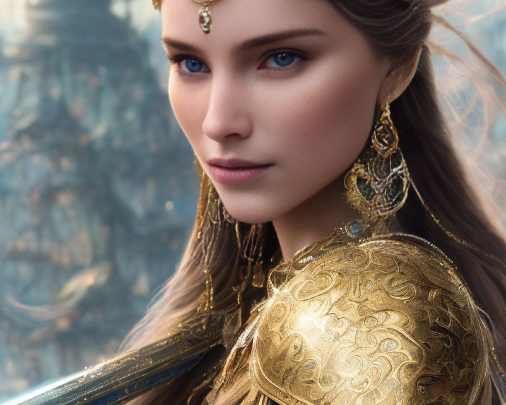 Digital artwork: Woman in golden armor with fantasy landscape.