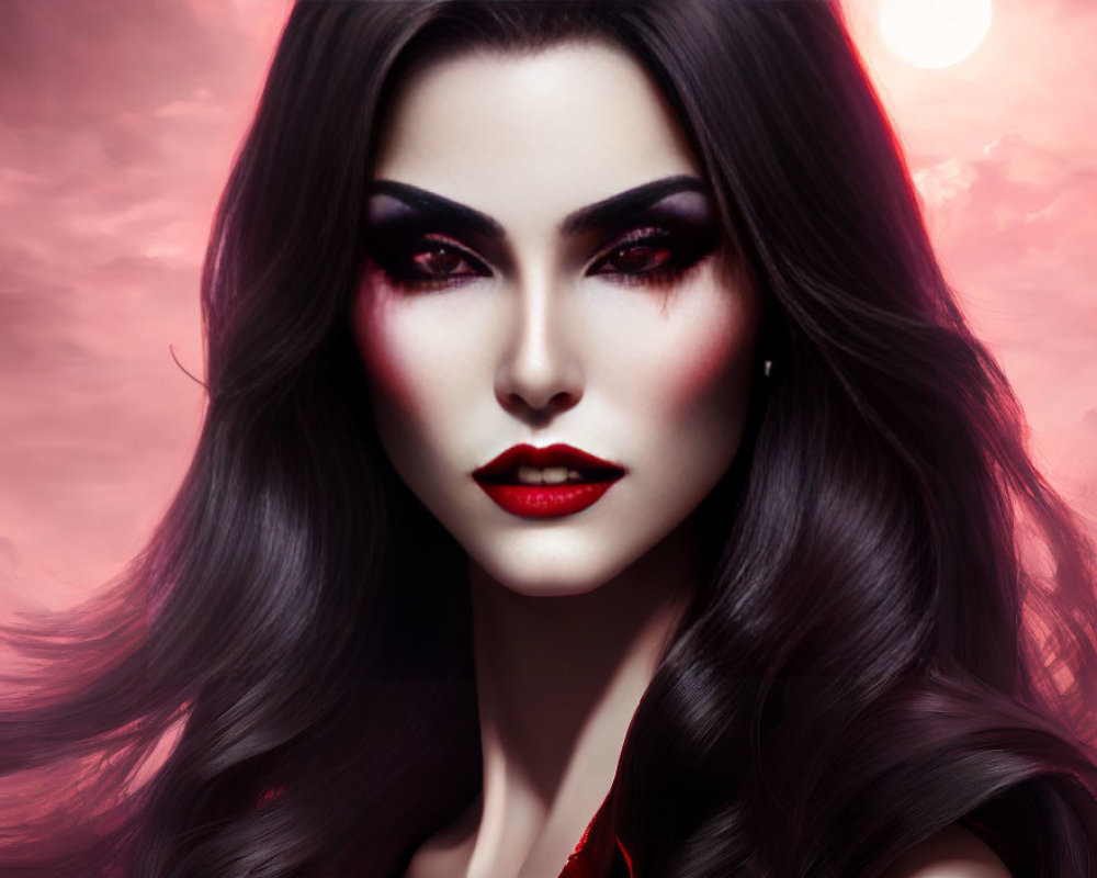 Dark-haired woman with bold red lipstick and dramatic eye makeup on red backdrop with glowing orb.